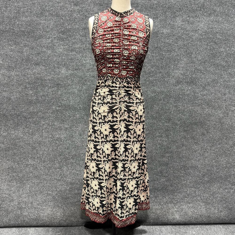 SEA NY Dress Womens XS Black Floral High Neck Ruched Boho Maxi Sleeveless A Line